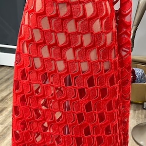 Exquisite European Luxury Geometric Embroidered Red Velvet Fabric -- Sold per yard