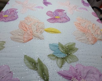 Fabulous Hand made Peach Tulle Fabric embellished with Beads, Sequins and 3D Appliqué- - Sold per yard