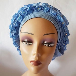 Pre-tied Blue Beaded Appliqué with Rhinestones Autogele Aso-oke