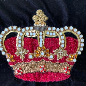 Luxury Handmade Burgundy Crown Appliqué Embellished with Beads, Rhinestones and Embroidery