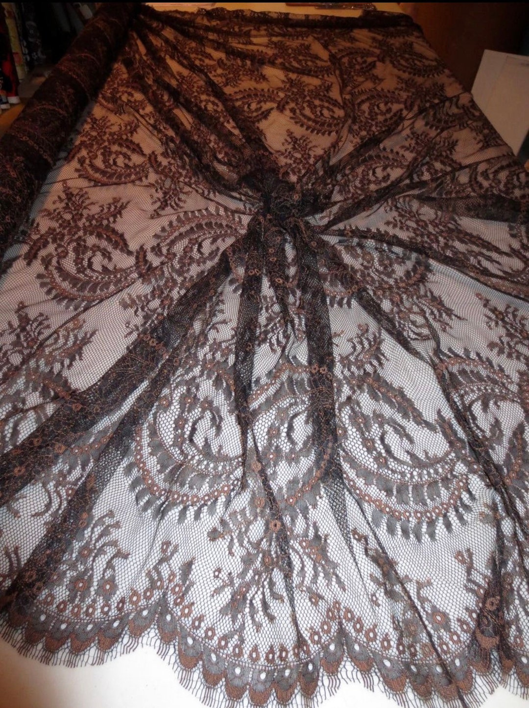 Black and Brown Floral Design Chantilly Leavers Lace Fabric Sold per