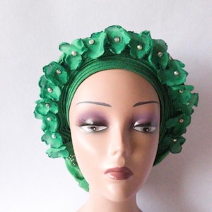 Pre-tied Green Beaded Appliqué with Rhinestones Autogele Aso-oke