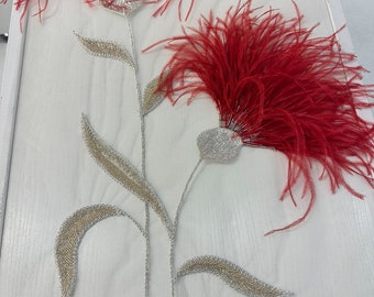 Luxury Handmade Blue Red Silver Light Gold Motif with Ostrich Feathers and Beads