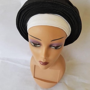 Pre-tied Black and White Beaded and Stoned Autogele Aso-oke
