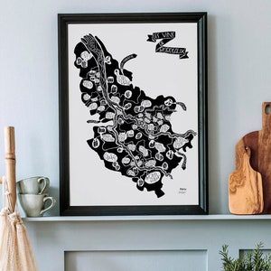 Illustration de Les Vins de Bordeaux. Affiche cartographique et decorative fait en France. Poster œnologie. Voyage