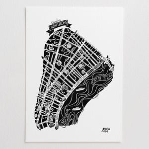 Dekorativer Poster-Stadtplan des Stadtteils Chartrons in Bordeaux. Originelle und handgefertigte Illustration. Wandkunst