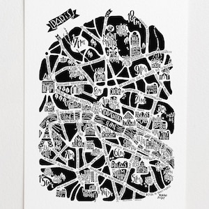 パリの市内地図。トキコによる地図作成および装飾ポスター。フランスの手作り旅行イラスト。