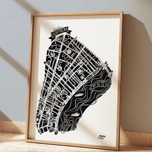 Póster del plano urbano del barrio de Chartrons en Burdeos. Ilustración original y hecha a mano. Cartel decorativo. 100% hecho en Francia