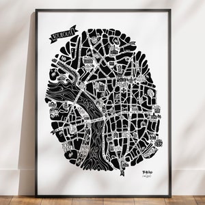Affiche van het stadsplan van TOULOUSE. Cartografische en decoratieve poster van Tokiko. Handgemaakte reisillustratie.