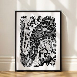 Mappa del bacino di Arcachon. Poster cartografico e decorativo di Tokiko. Illustrazione di viaggio originale fatta a mano. Manifesto decorativo.