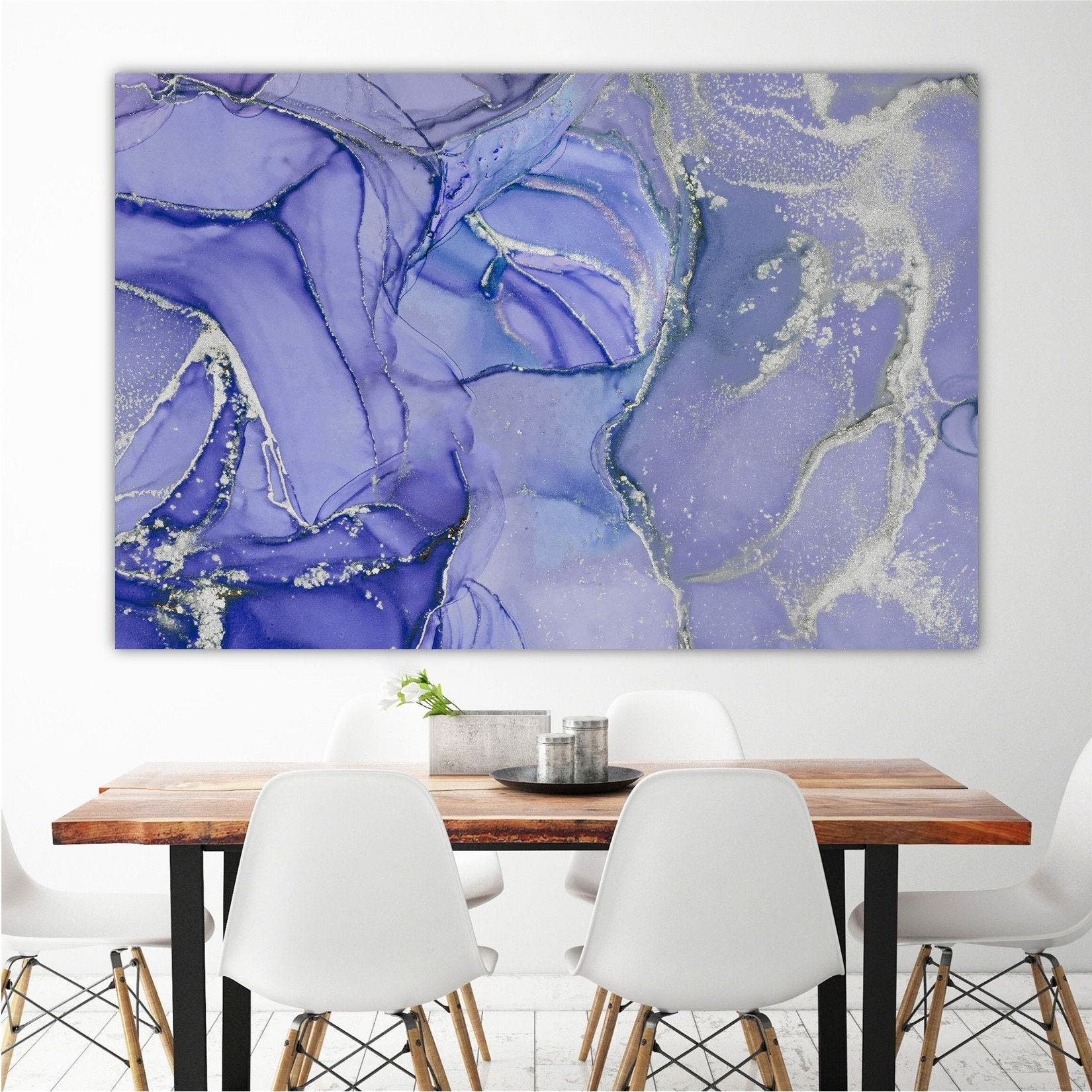 8x10 in. Wall art Silver Blue Home decor Wall decor Purple White Abstract Acrylic Pour Painting on Canvas Original Fluid Art