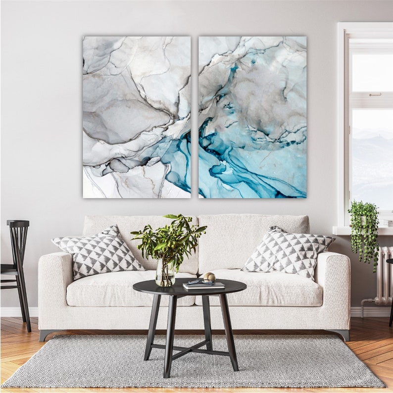 Large Marble Wall Art Canvas Set Print Blue and Gray White Etsy