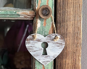 Small Farmhouse Key Hole Hearts, (1) Whitewashed Hanging Heart Ornament, Rustic Farmhouse Holiday Decor, Rustic Heart, Key To My Heart, Love