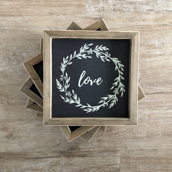 Rustic Signs, Love Laurel Wreath Sign, Farmhouse Decor, Laurel Wreath, Love, Rustic Wall Decor, Mantle Decor, 10x10 Sign, Love Sign