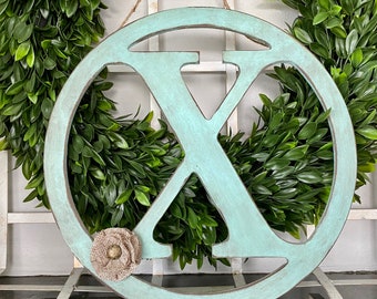 Rustic Distressed Initial Circle Letter X, Rustic Aqua Blue, Door Hanger; Letters A,B,C,D,E,F,G,H,I,J,K,L,M,N,O,P, Q,R,S,T,U,V,W,X,Y,Z, Lava