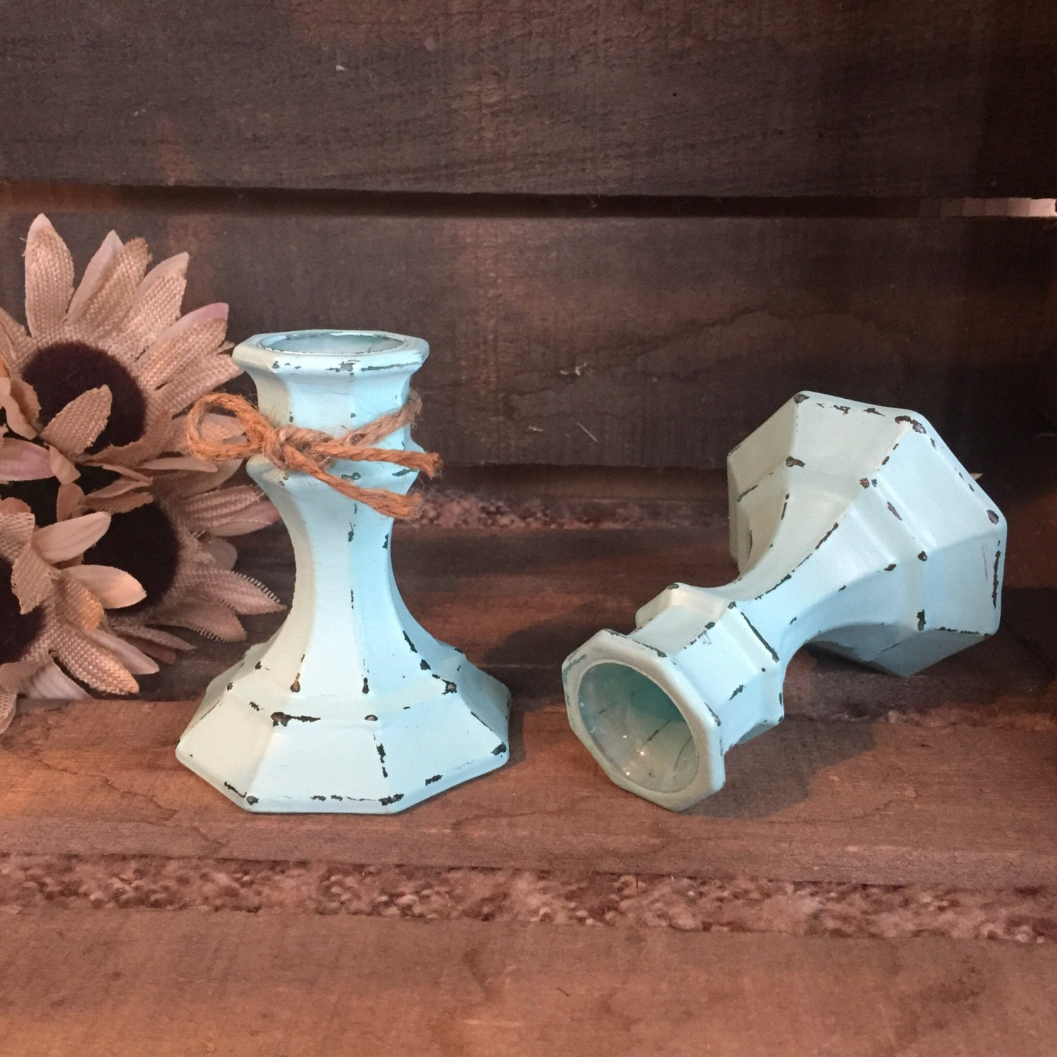 Rustic Aqua Blue Distressed Candle Holders, Set of Two (2), Shabby Chic