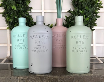 Bulleit Rye Bottle Vase, Rustic Distressed Bulleit Rye Frontier Whiskey Bottle,  Farmhouse Decor, Painted Bottles, Bar Decor