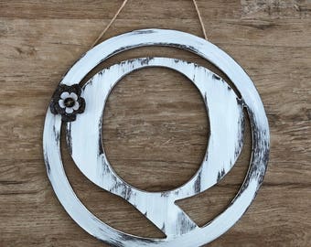 Rustic Distressed Initial Circle Letters, Antique White Farmhouse Door Hanger; Letters A,B,C,D,E,F,G,H,I,J,K,L,M,N,O,P, Q,R,S,T,U,V,W,X,Y,Z