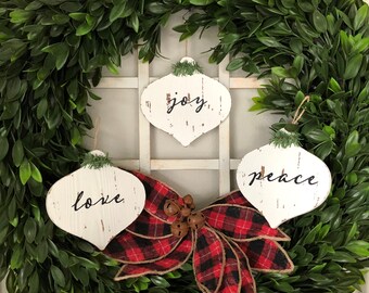 PEACE, LOVE, JOY, Set of 3, Rustic Distressed Whitewashed Ornaments, Garland Accent, Farmhouse Christmas Decor, Black/White Holiday Decor
