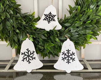 Snowflake Ornaments, Set of 3, Black & White Snowflake Bells, Rustic Distressed Whitewashed Ornaments, Farmhouse Holiday Decor, Winter Decor