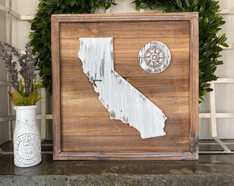 CALIFORNIA, Square Framed Rustic Distressed State Pallet Sign, Whitewashed State, Compass Rose, Wall Decor, Housewarming Gift, Wood Sign, CA