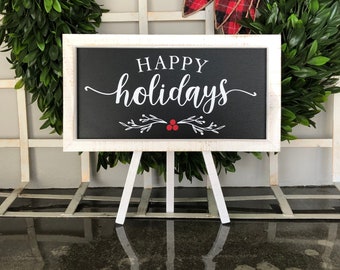 Happy Holidays Sign, Large Easel, Rustic Distressed White Sand Frame, Rustic Holiday, Mantel Decor, Farmhouse Christmas Decor, Holiday Sign