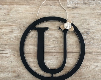 Rustic Distressed Initial Circle Letters, Rustic Black, Door Hanger, Wall Decor;Letters A,B,C,D,E,F,G,H,I,J,K,L,M,N,O,P, Q,R,S,T,U,V,W,X,Y,Z