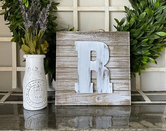 Rustic Distressed Initial Letter Pallet Sign, 8x8 Square, Rustic Letters; A B C D E F G H I J K L M N O P Q R S T U V W Y Z, Farmhouse Decor