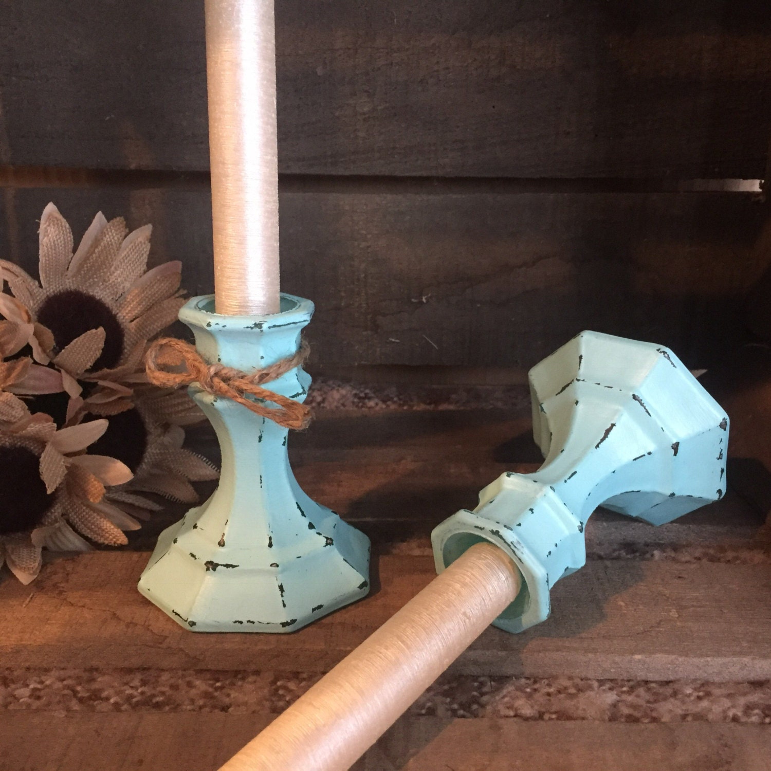 Rustic Aqua Blue Distressed Candle Holders, Set of Two (2), Shabby Chic