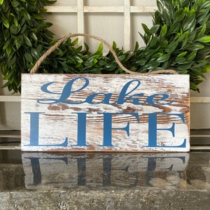 Lake Life, Rustic Whitewashed Plank Sign, Lake House Decor, Chippy White & Blue, Coastal Decor