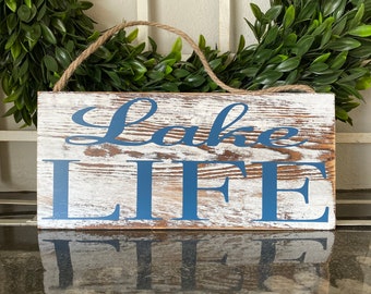 Lake Life, Rustic Whitewashed Plank Sign, Lake House Decor, Chippy White & Blue, Coastal Decor