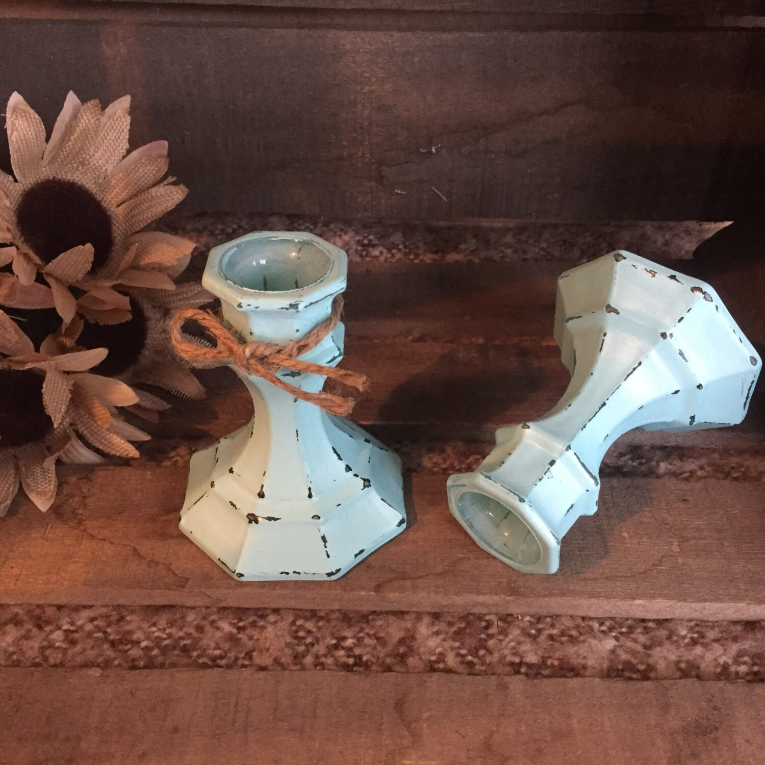 Rustic Aqua Blue Distressed Candle Holders, Set of Two (2), Shabby Chic