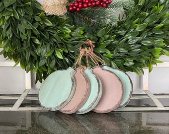 Rustic Wood Ornaments, Set of Five (5), Farmhouse Holiday, Painted Muted Colors, Dusty Mauve,Rustic Aqua, Holiday Ornaments, Christmas Decor