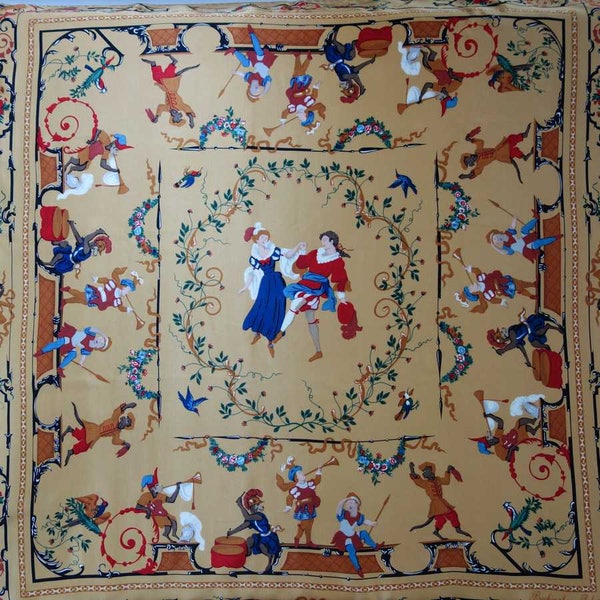 Hand Printed in England Buckingham Palace Design from White Drawing Room SILK Scarf Hand Rolled Hem 34" Figural Dancing Couple Animals