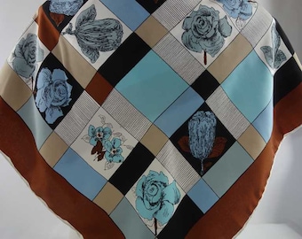 CARUSO Silk Charmeuse Scarf 33", hand rolled edges, Abstract Geometric Floral and Roses