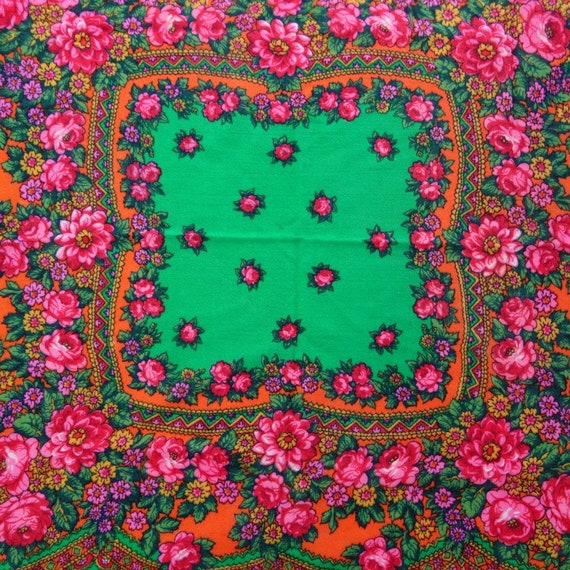 Wool Fringed Shawl Wrap Scarf, Green Pink Floral,… - image 3