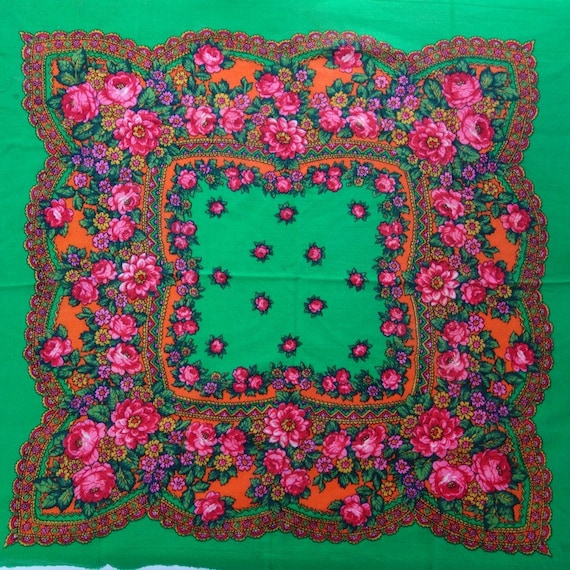 Wool Fringed Shawl Wrap Scarf, Green Pink Floral,… - image 2