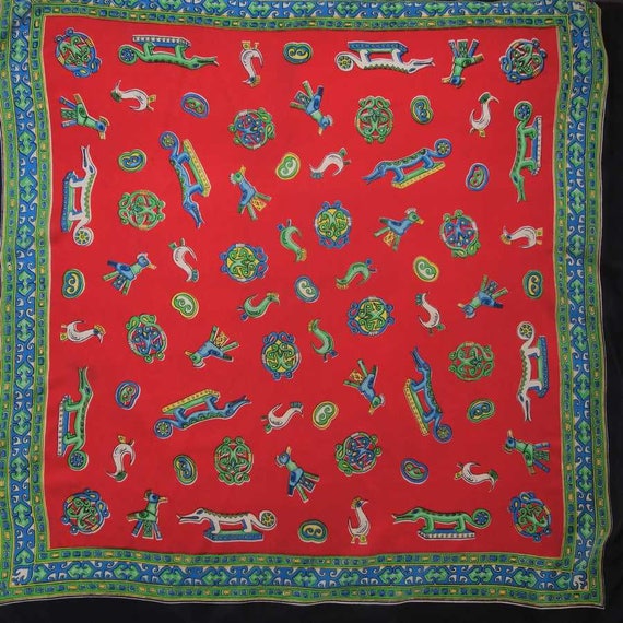 Vintage SILK Scarf 31" Hand Rolled Hem 1950s Ethn… - image 2