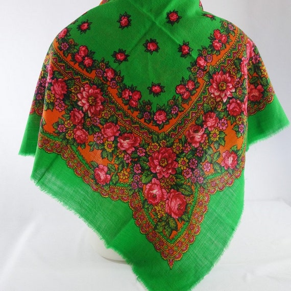 Wool Fringed Shawl Wrap Scarf, Green Pink Floral,… - image 6
