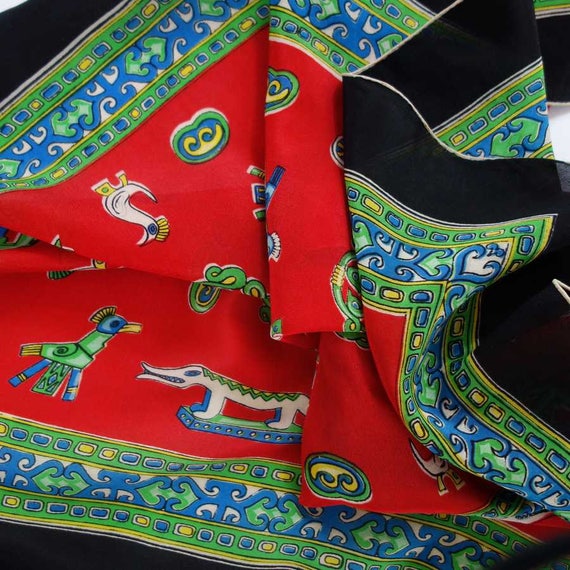 Vintage SILK Scarf 31" Hand Rolled Hem 1950s Ethn… - image 1