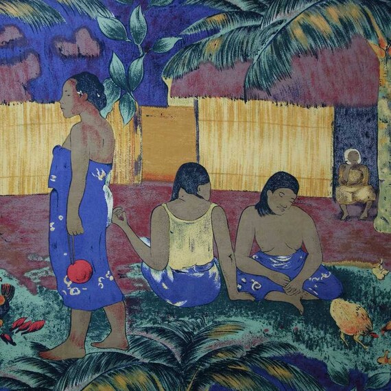 Mapes Mondes Huge SILK Scarf Wrap Sarong Pareo 41" Hand Rolled Hem Cruise or Resort Wear Island Girls Gauguin Inspired