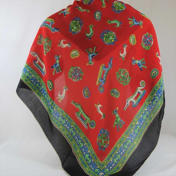 Vintage SILK Scarf 31" Hand Rolled Hem 1950s Ethn… - image 3