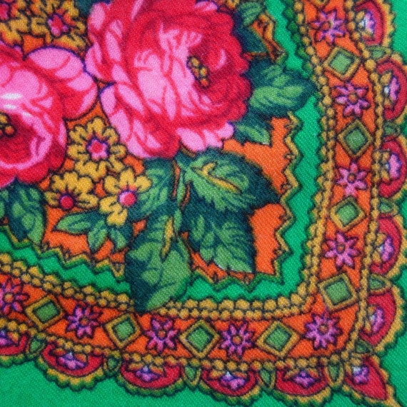 Wool Fringed Shawl Wrap Scarf, Green Pink Floral,… - image 5