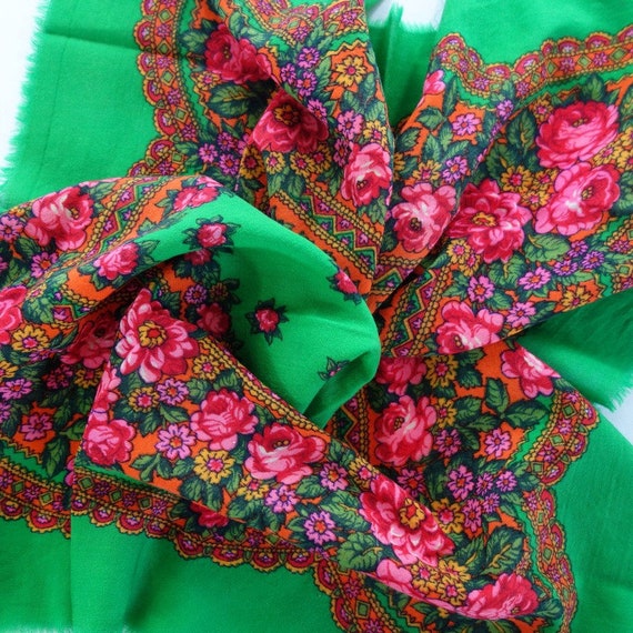 Wool Fringed Shawl Wrap Scarf, Green Pink Floral,… - image 1