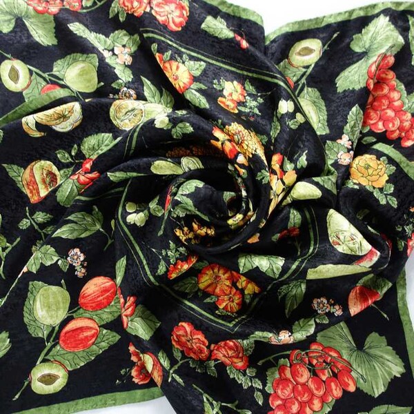 Large 35" Jacquard SILK Scarf Made in Italy Fruits Leaves Flowers with Green Border Rich Colors