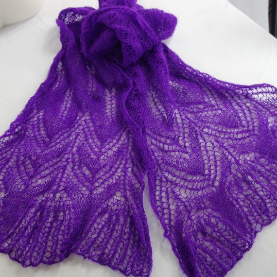 Artisan Hand Knitted KID MOHAIR Lacy Wool Scarf S… - image 1