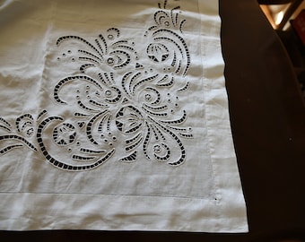 Large linen tablecloth with cut-work embroidery 64"x66"