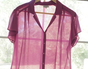 70s 80s Vintage Sheer Purple Button Up Top Loose Fit Blouse Size Medium