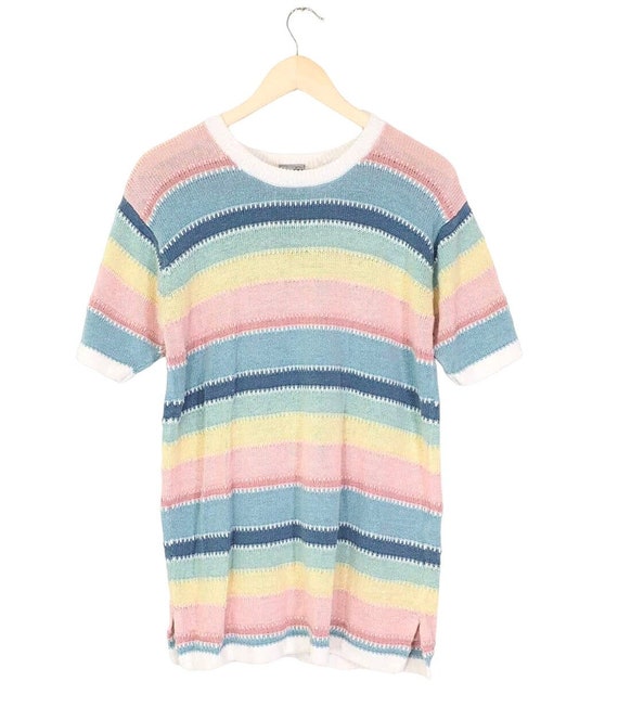 Vintage Pastel Striped Knit Short Sleeve Sweater W