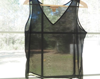 Y2K 90s Vintage Sheer Black Tank Top Blouse Summer Size Medium